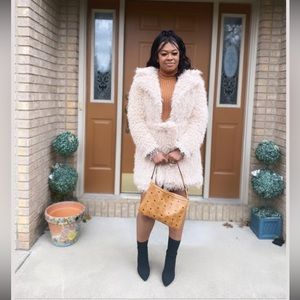 Cream shaggy mid length jacket